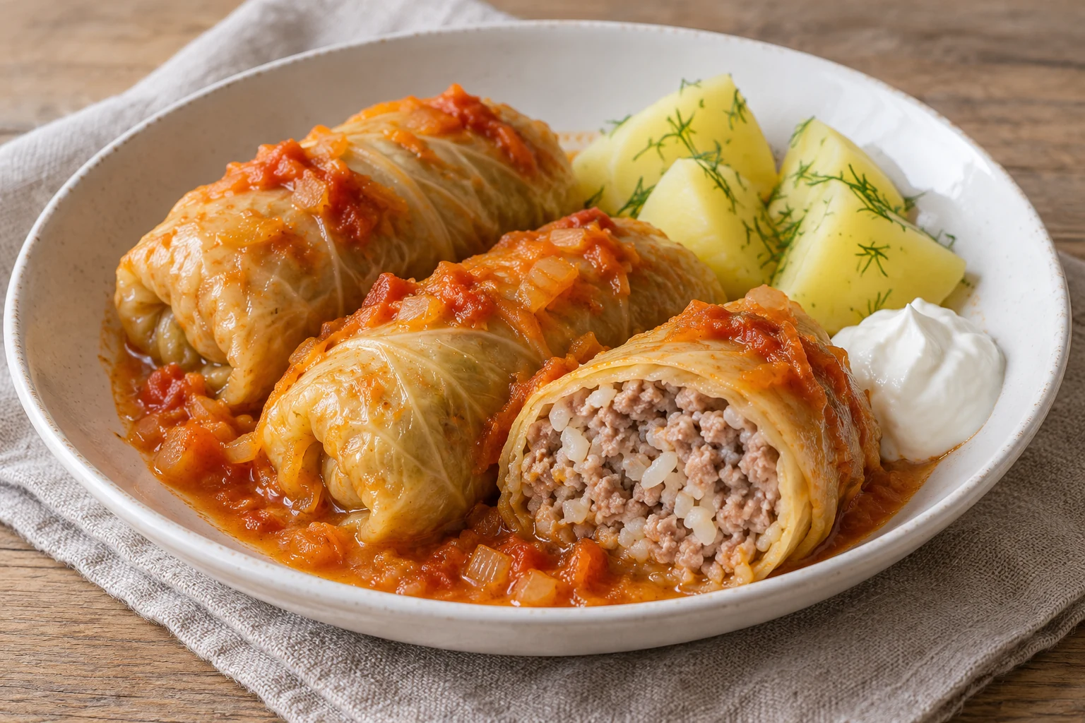 Cabbage rolls in tomato and carrot sauce, with a cut roll showing pork and rice.