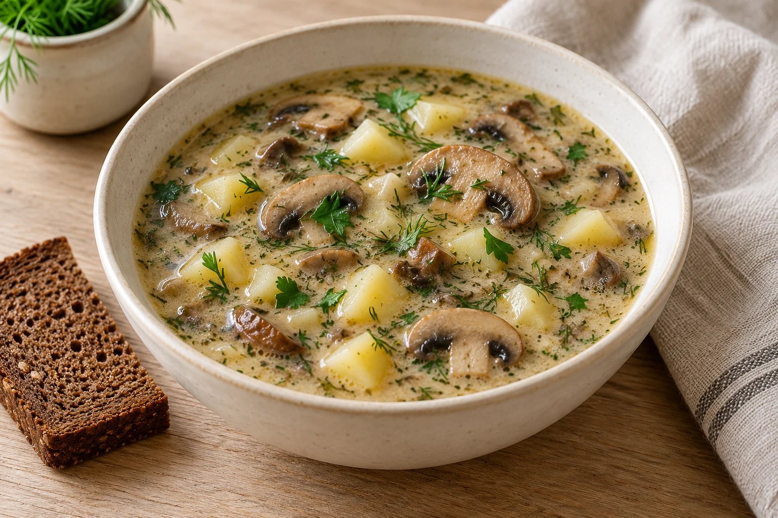 Chunky mushroom and potato soup with a lightly creamy broth and herbs.