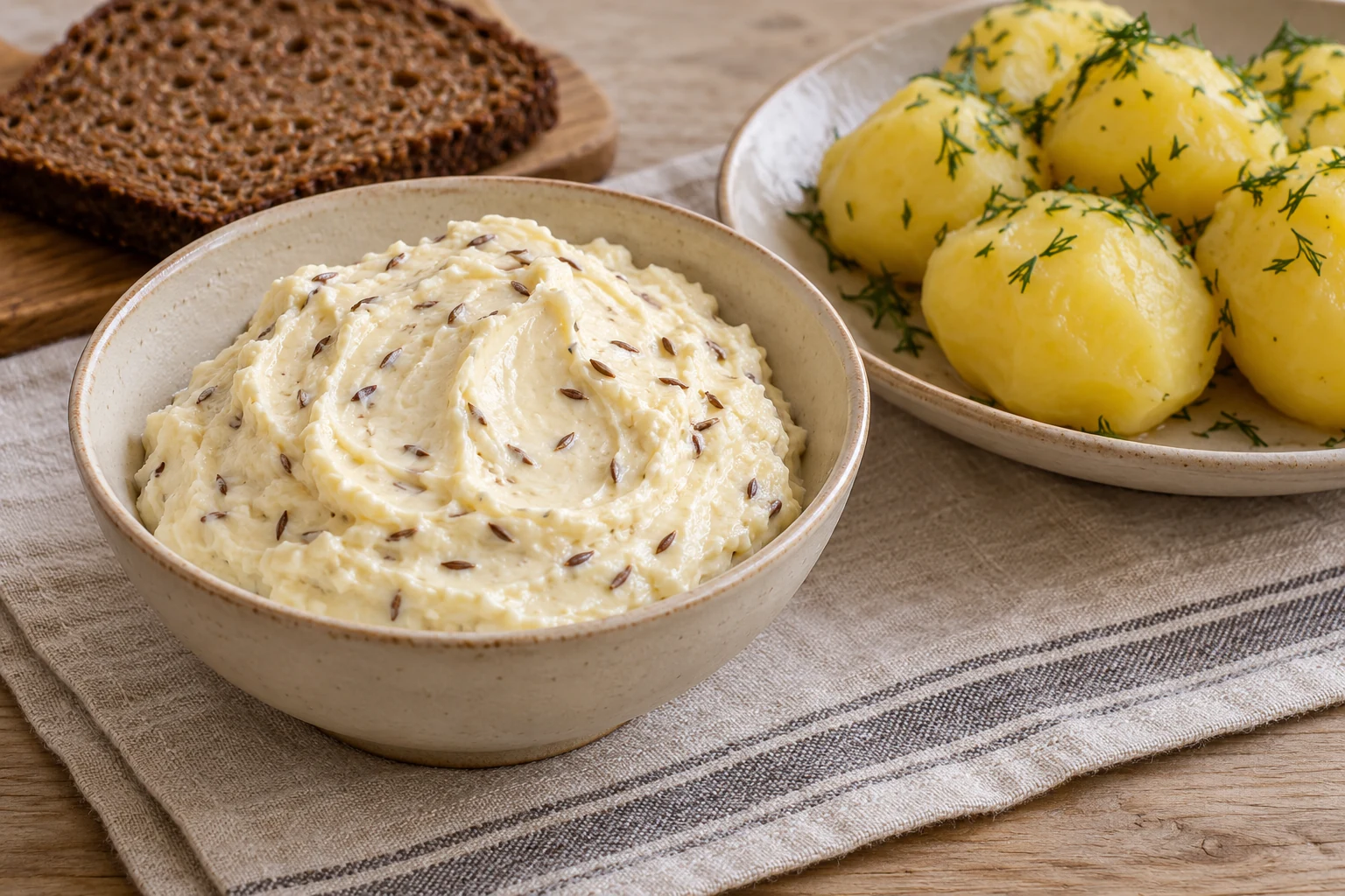 A bowl of smooth kastinys with caraway seeds, beside boiled potatoes.