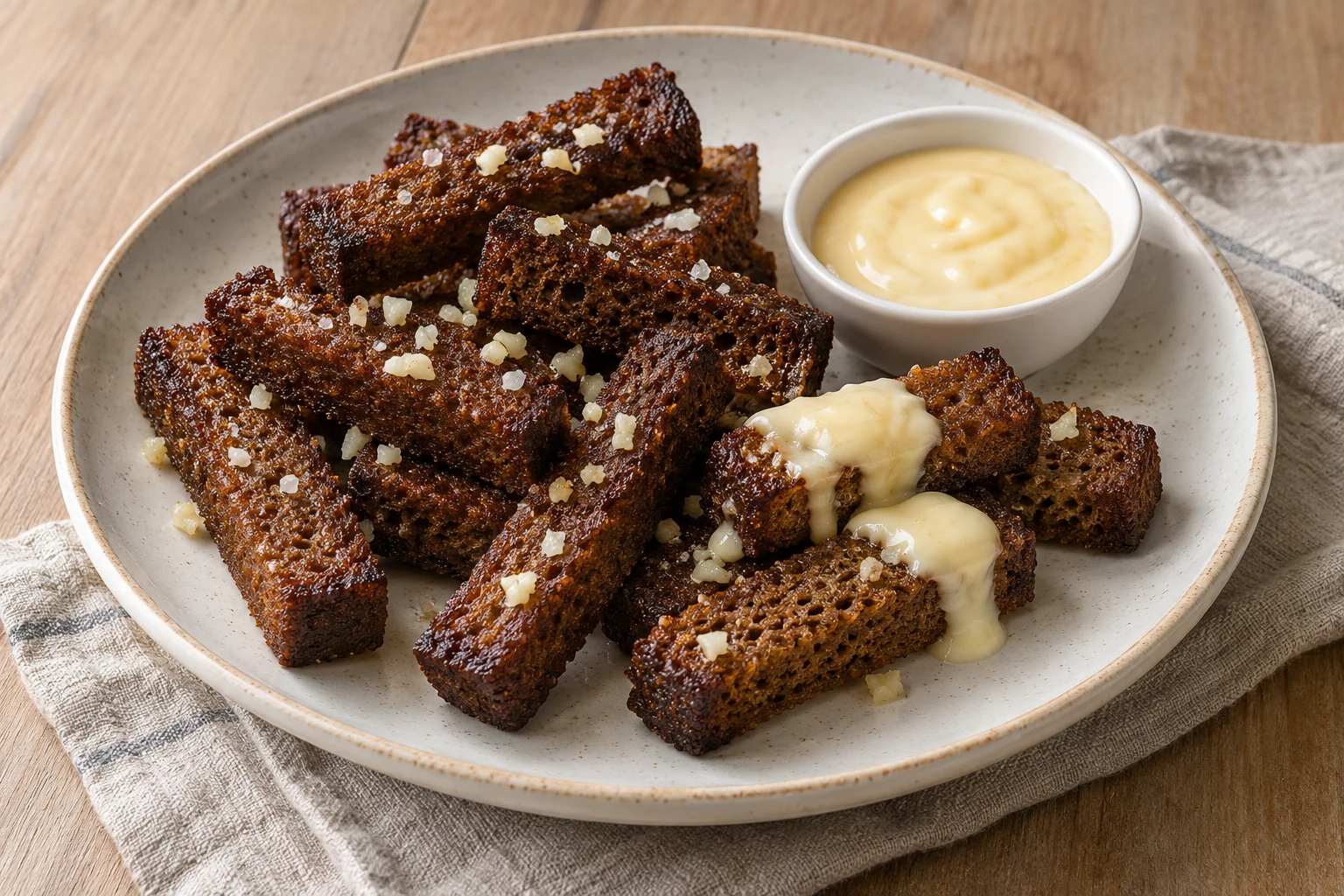 Fried rye-bread sticks with garlic and a small bowl of cheese sauce.