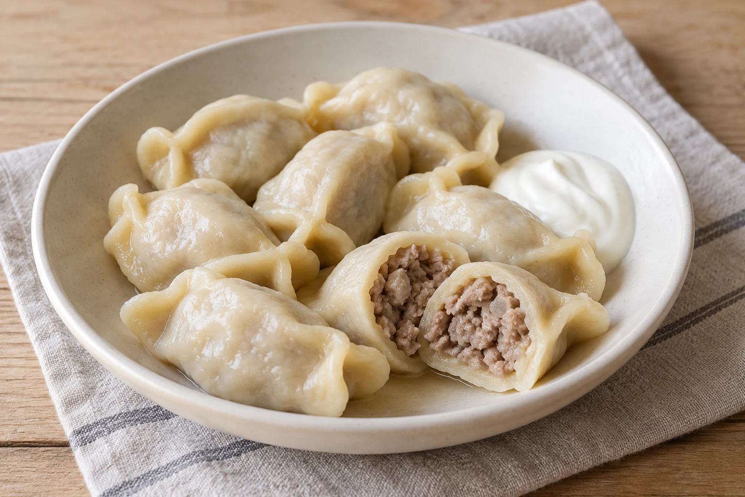 Boiled flour dumplings with a cut dumpling showing cooked pork filling.