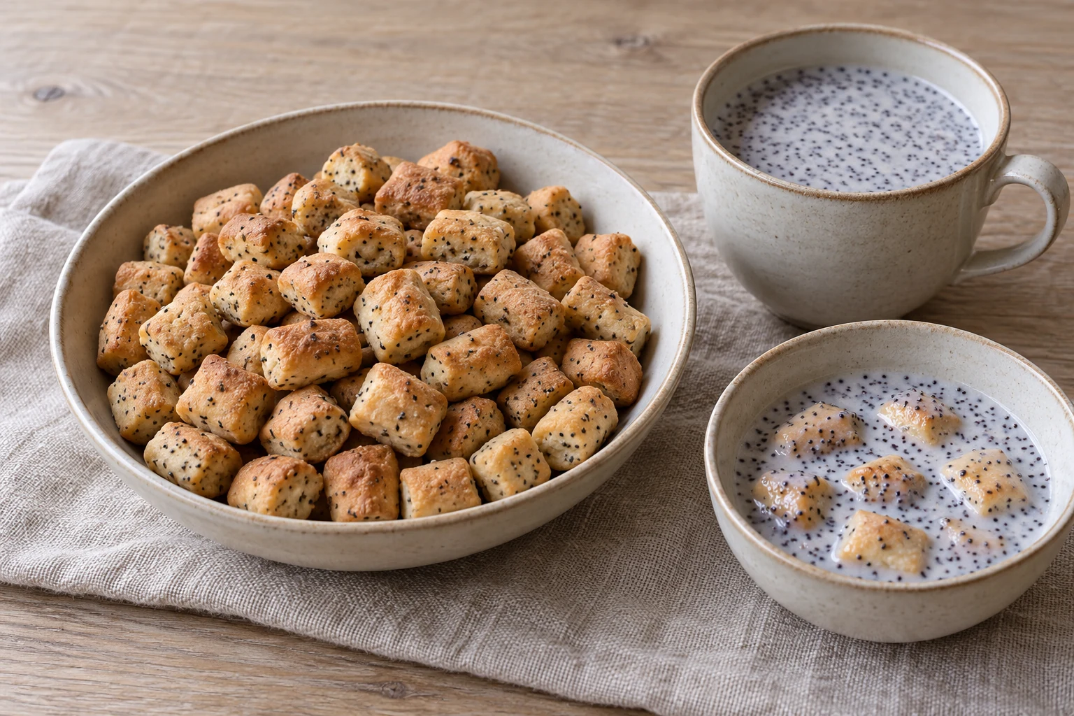 Small golden poppy-seed dough bites beside poppy-seed milk, with some bites soaking.