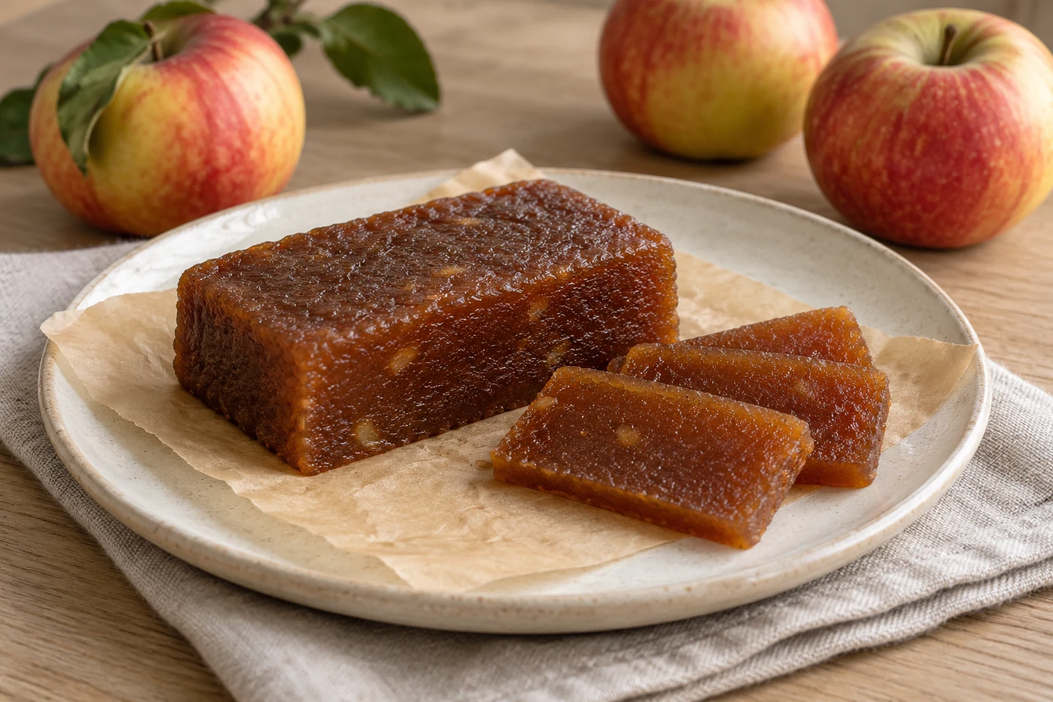 A firm amber-brown block of apple cheese with thin slices on parchment.