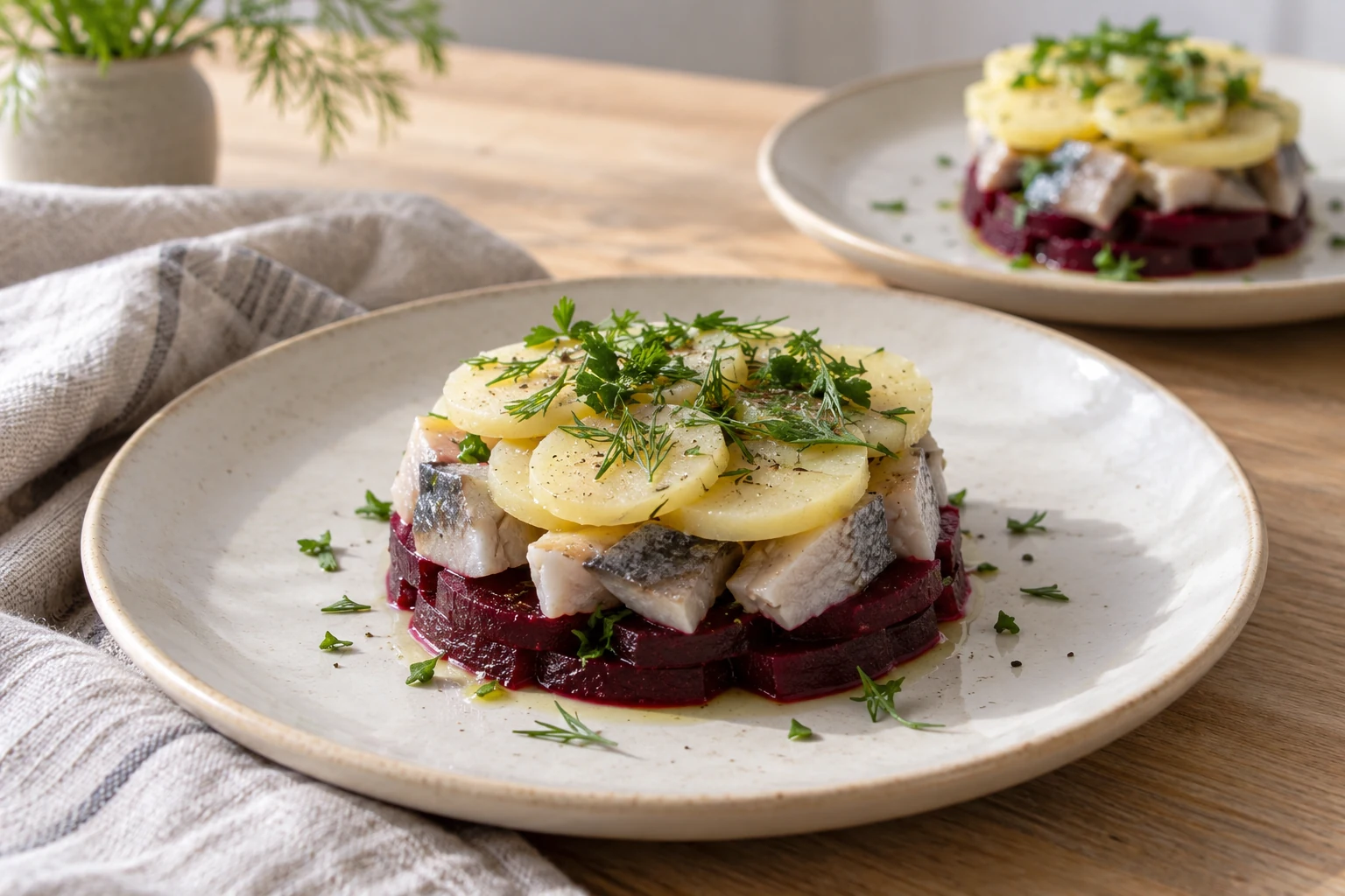 A modern serving of salted herring, beetroot and marinated potato slices.