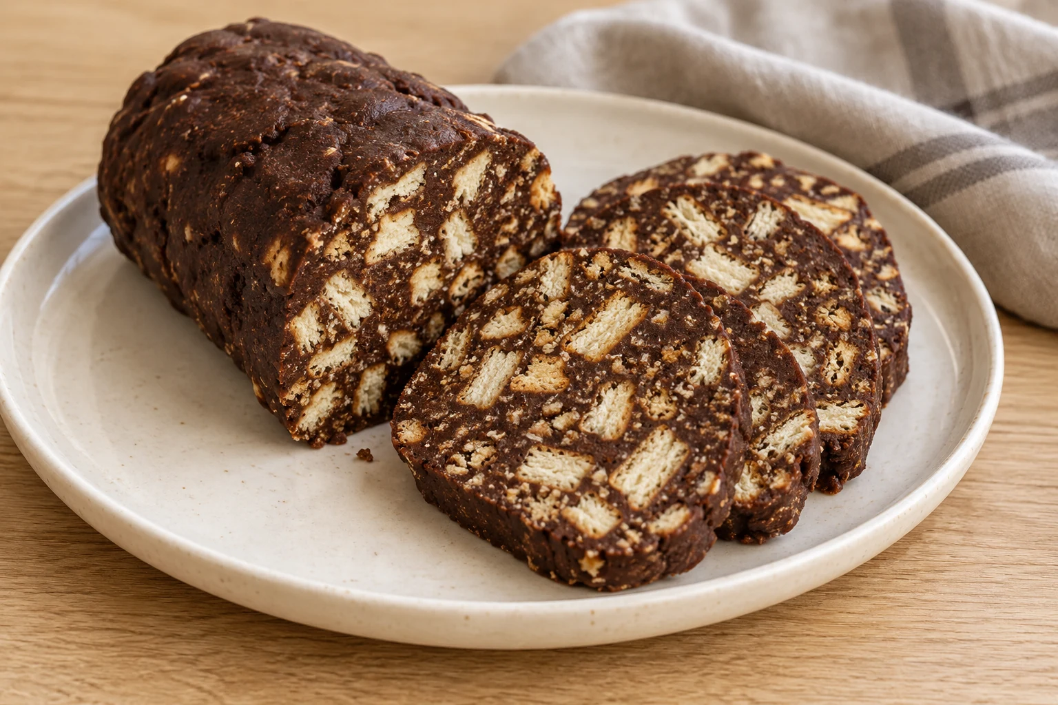 Slices of cocoa-brown tinginys showing pale broken biscuit pieces.