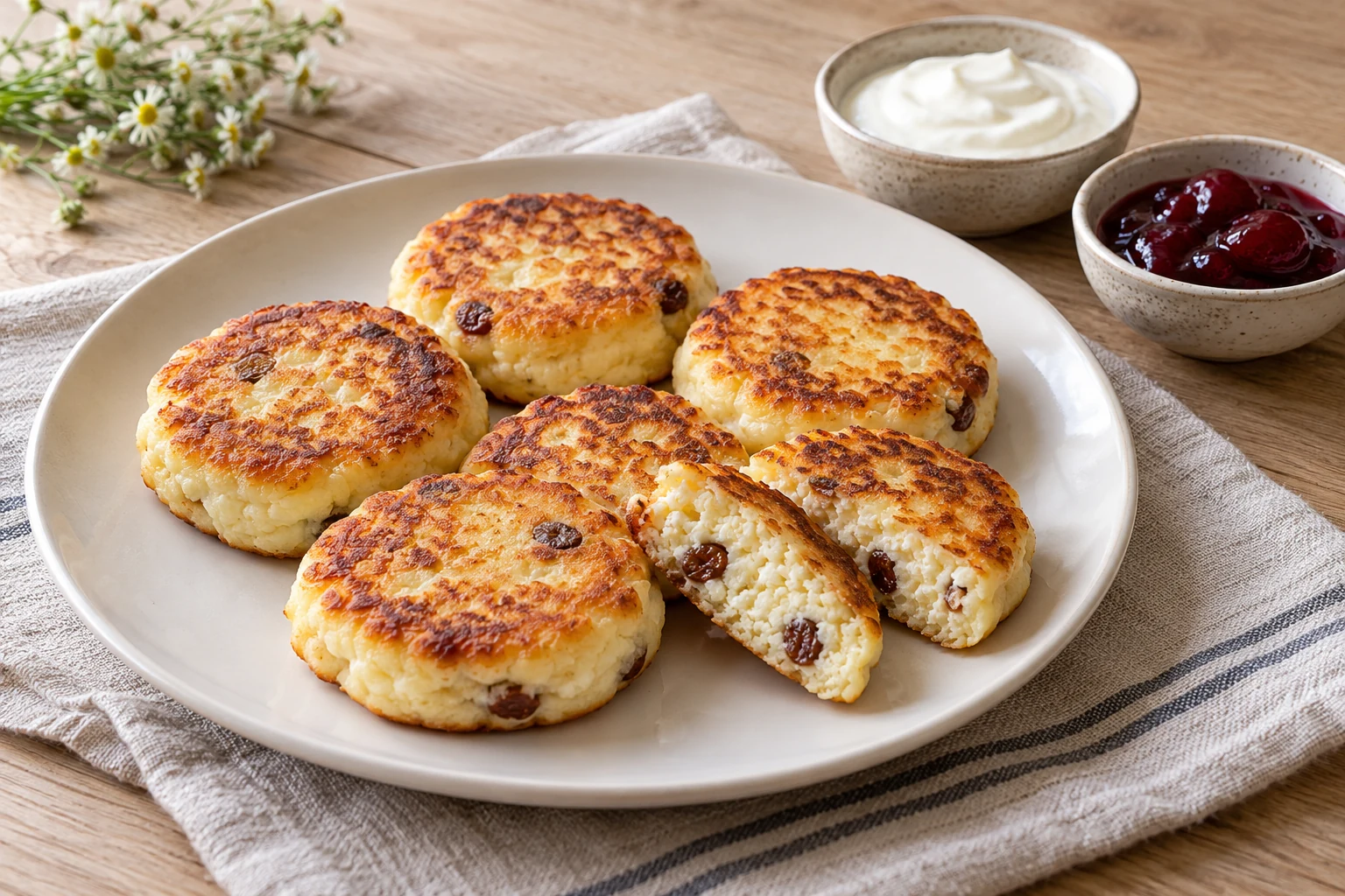 Golden curd-cheese pancakes with raisins, sour cream and cherry jam.