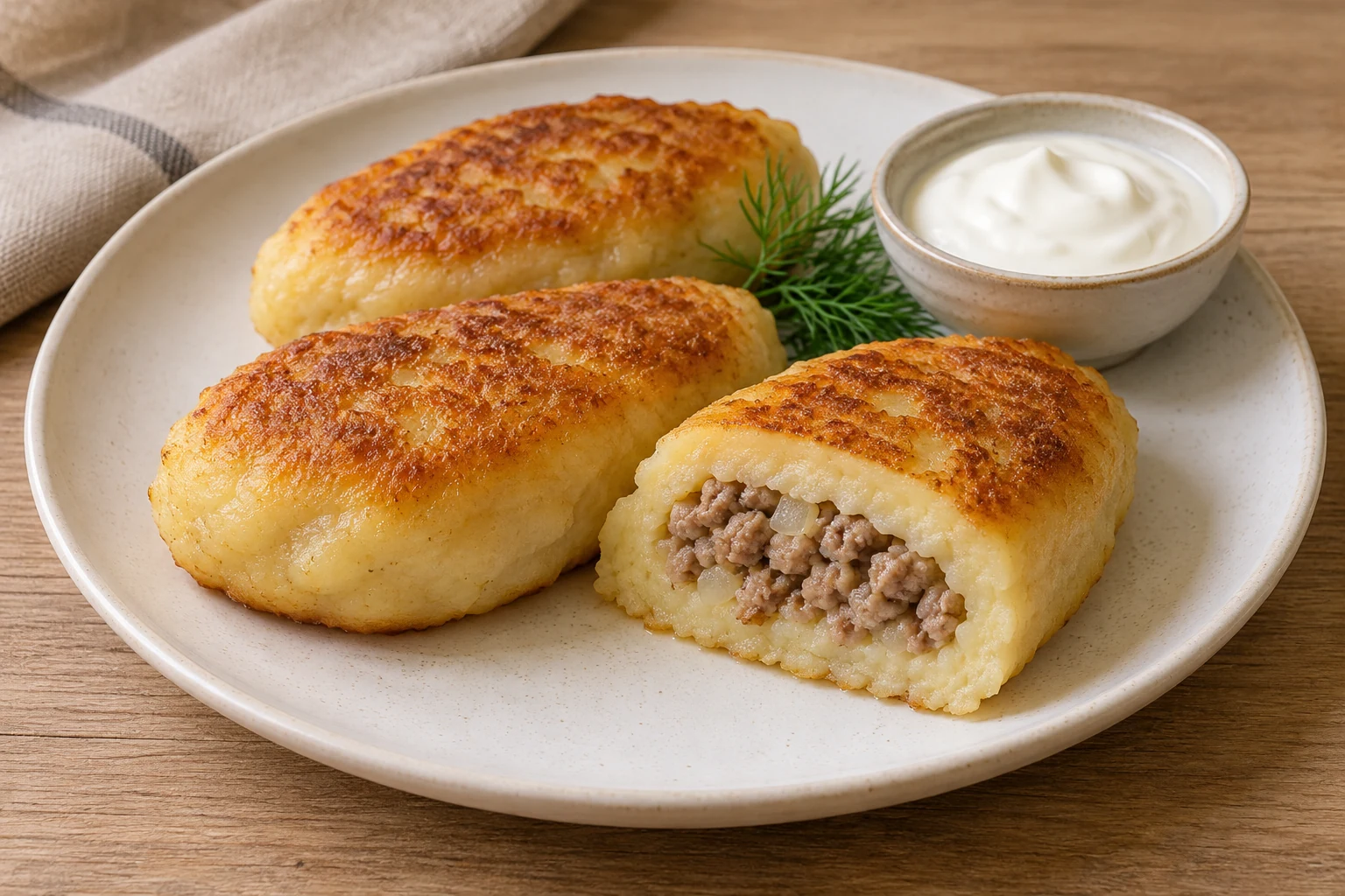 Golden filled potato pancakes, one cut open to show the cooked meat centre.
