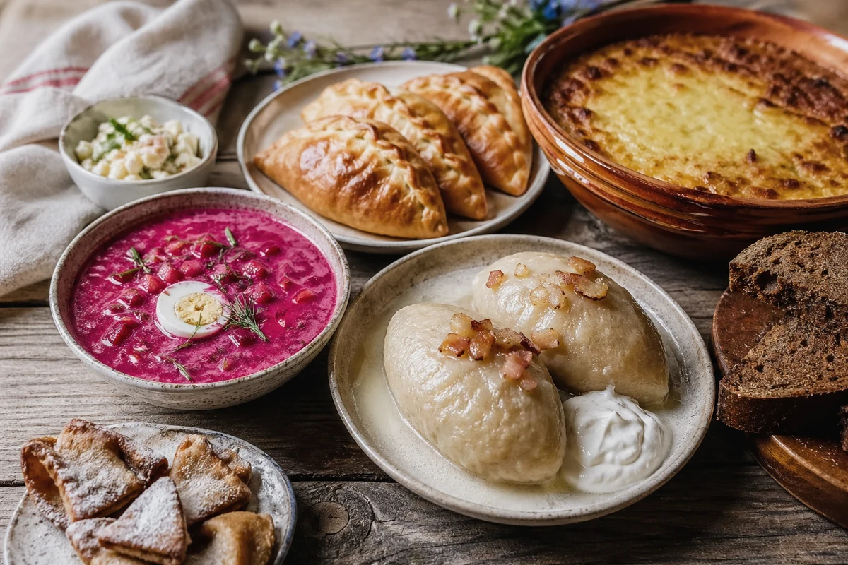 Traditional Lithuanian dishes served together on a table