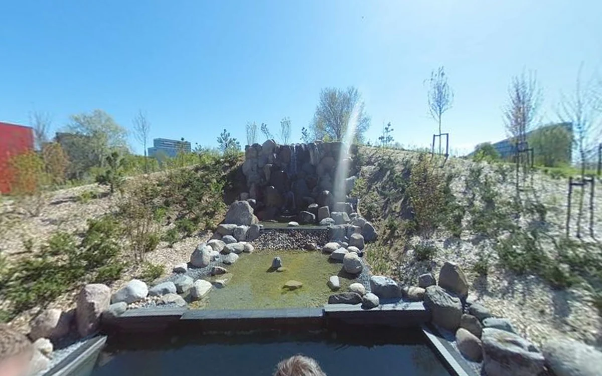 The waterfall seen from the red bridge