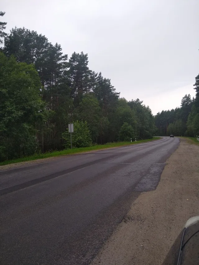 Long uneven asphalt patches and a deteriorated road edge beside forest